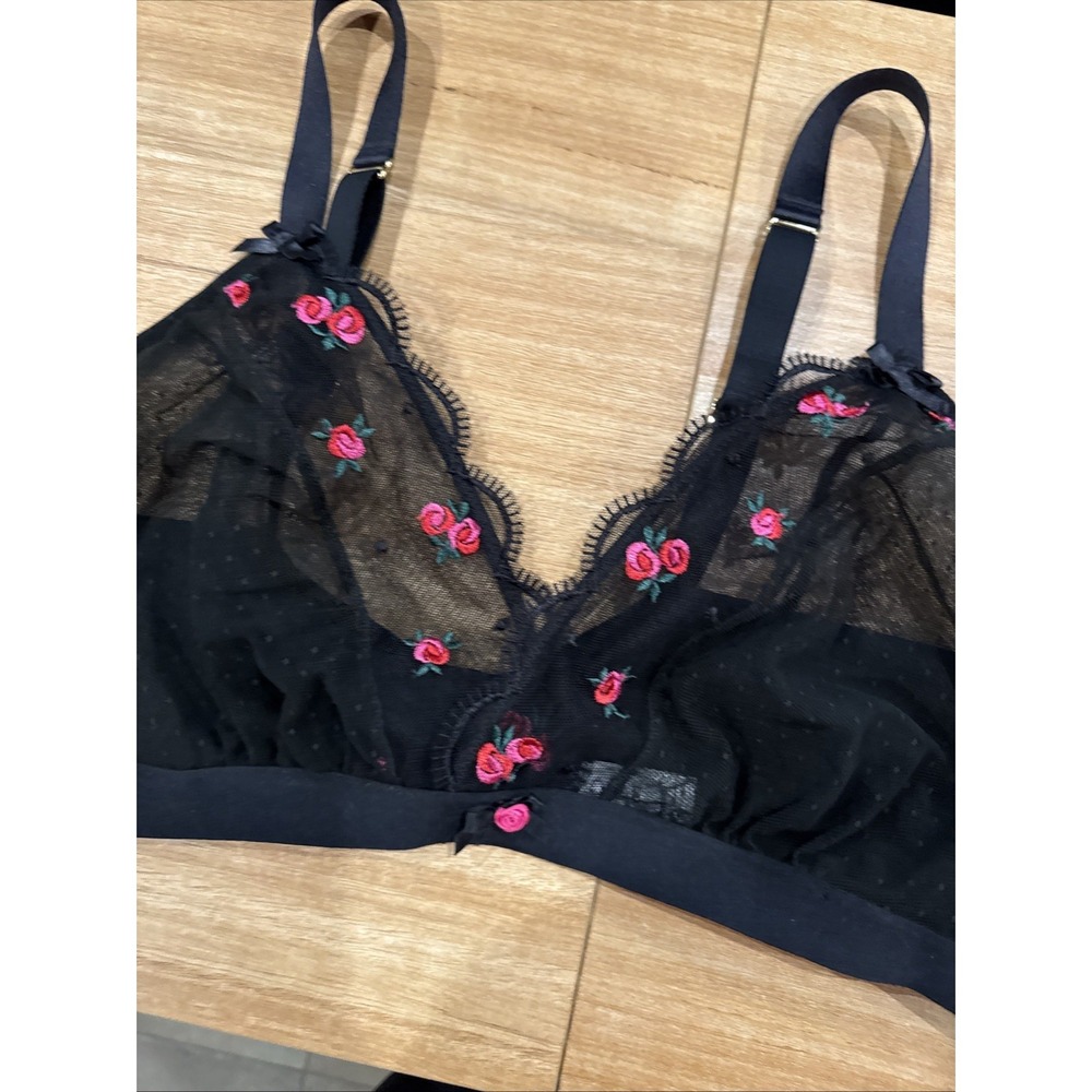 Cacique Black Sheer Mesh Rose Embroidered Bralette Bra 42B Floral Lace Trim